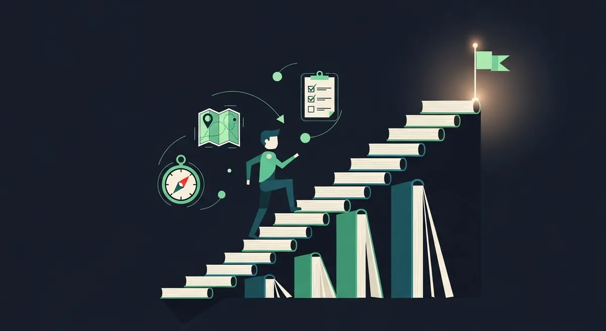 Illustration of a person climbing a staircase of books toward a goal