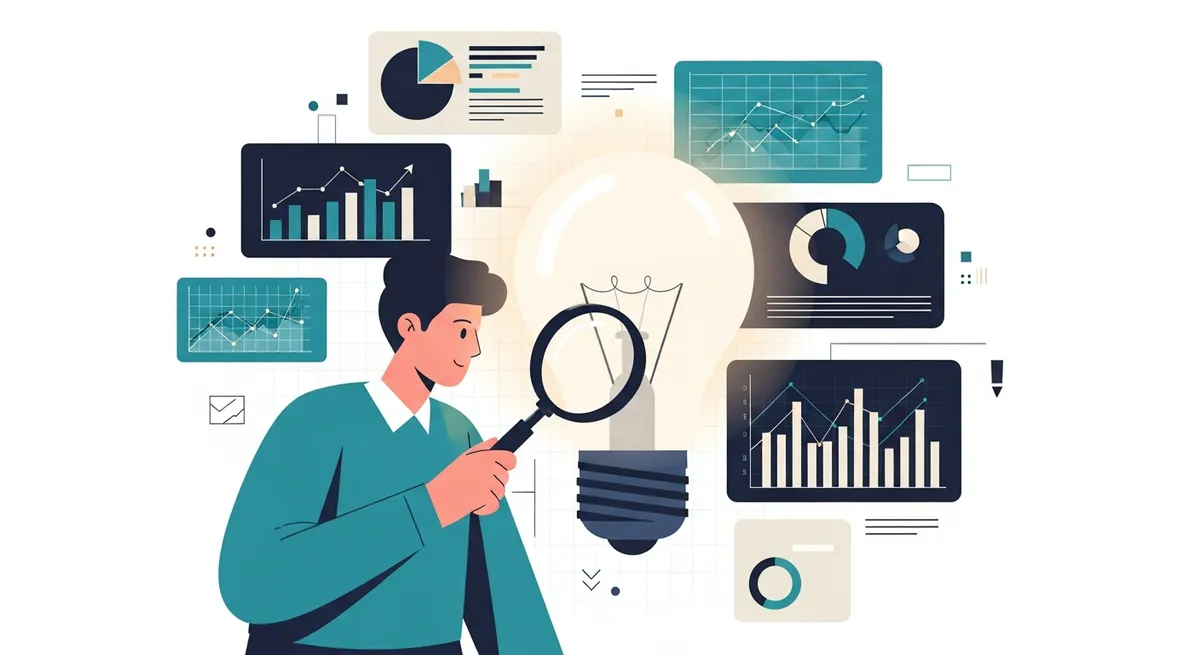 Illustration of a founder analyzing a business idea with charts and data