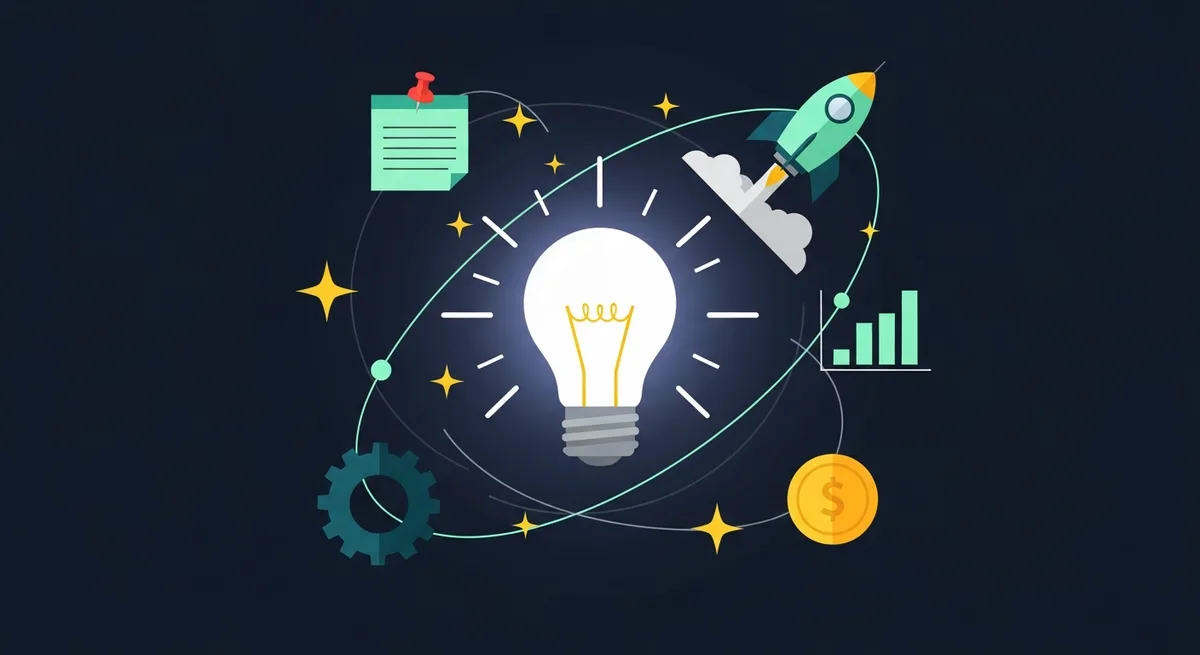 Illustration of a glowing lightbulb surrounded by business idea icons