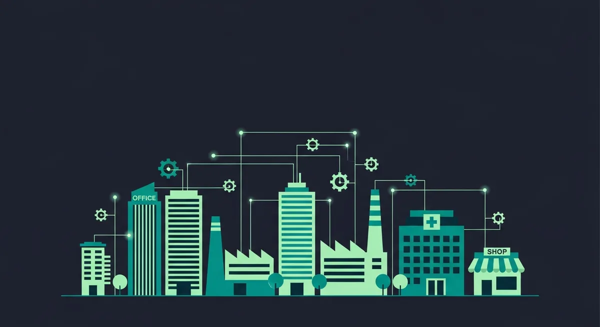 Illustration of a city skyline with buildings representing different industries