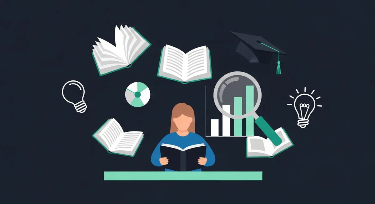 Illustration of a person learning business fundamentals with books and charts