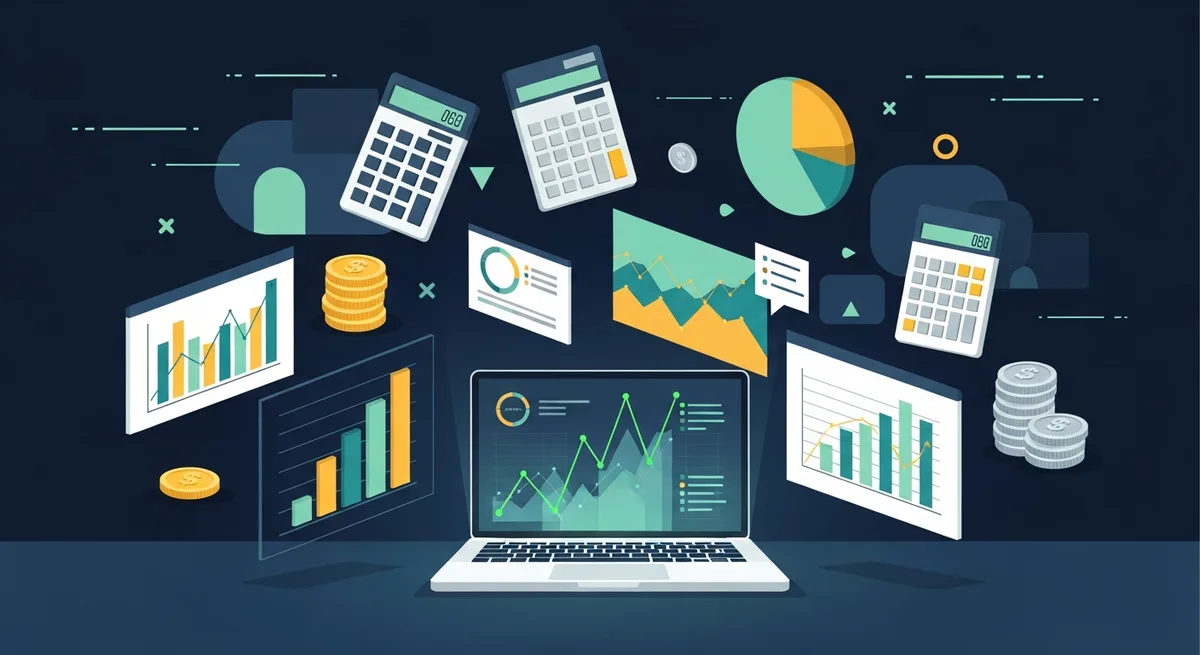 Illustration of calculators, charts and financial planning tools